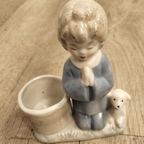 Porcelain Boy Praying with Lamb Ceramic Figurine Votive Candle Holder Vintage - Picture 1 of 12